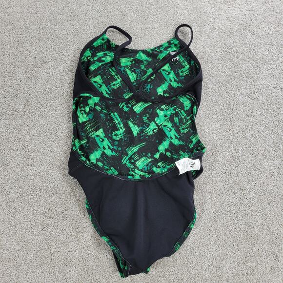 TYR Draco Cutoutfit One Piece Swimsuit Womens 30 Green Abstract Print Low Back - Picture 12 of 13